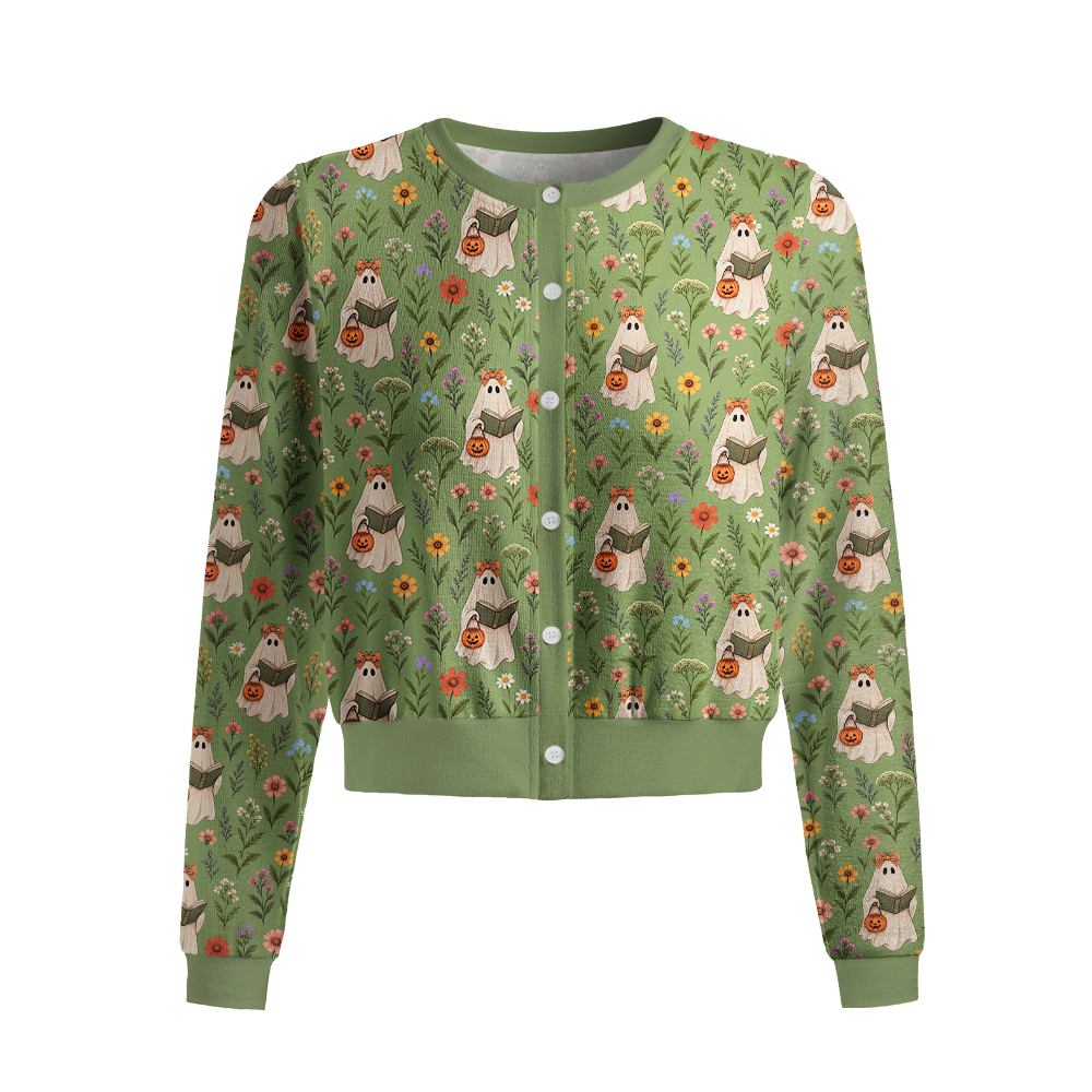 Pagewings Ghosts Love Reading Crew Neck Cardigan Sweaters