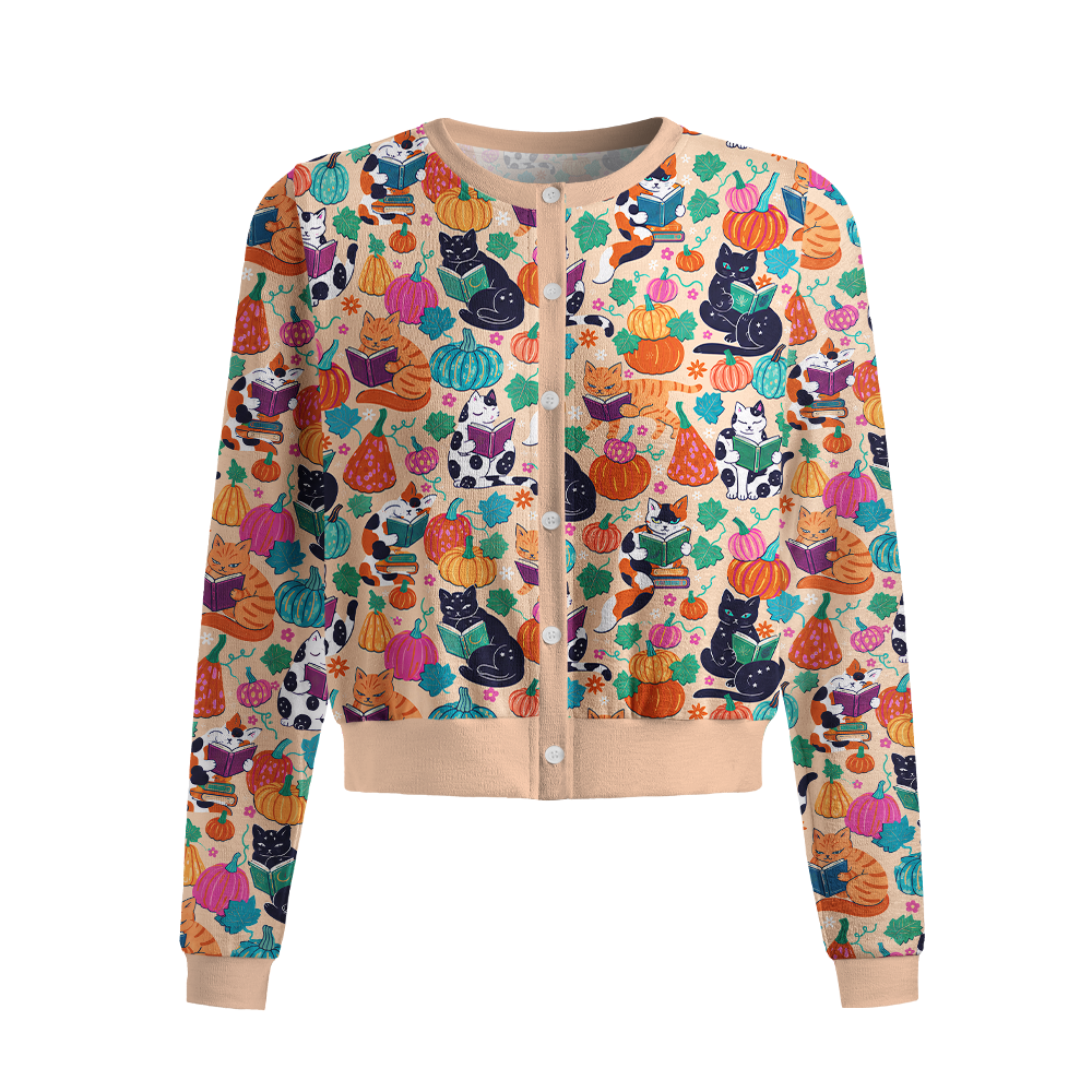 Pagewings Cat Book Lover Crew Neck Cardigan Sweaters