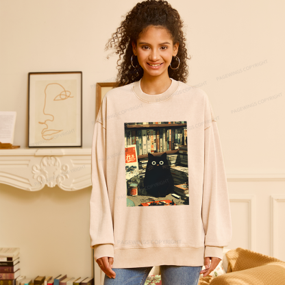 Pagewings Vintage Cat Book Lovers Unisex Washed Sweatshirt
