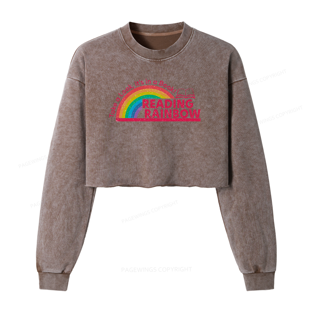 Pagewings Reading With Rainbow Women Washed Crop Sweatshirt