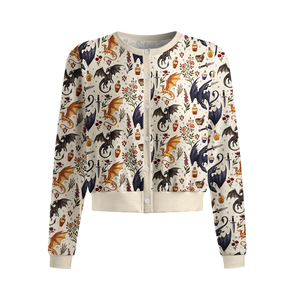Pagewings Book Dragon Crew Neck Cardigan Sweaters