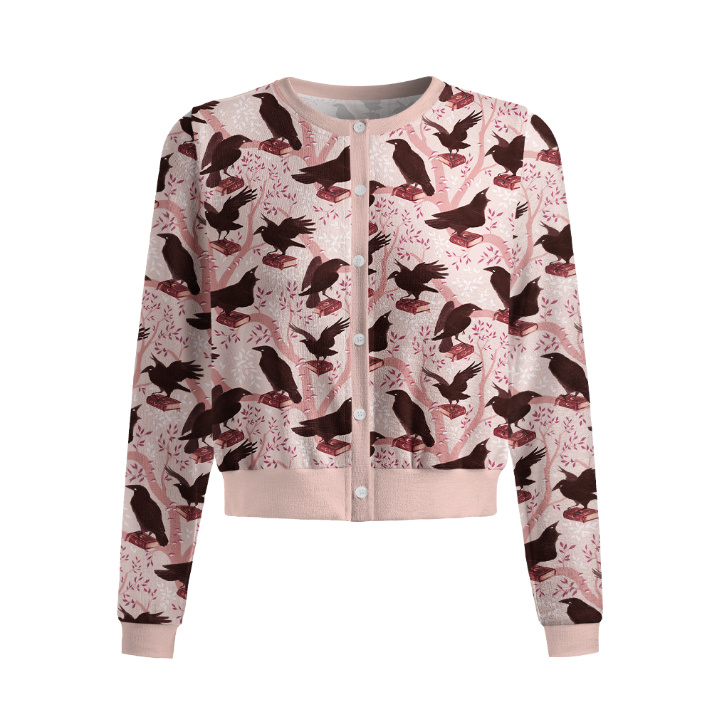 Pagewings Reading Crow Crew Neck Cardigan Sweaters
