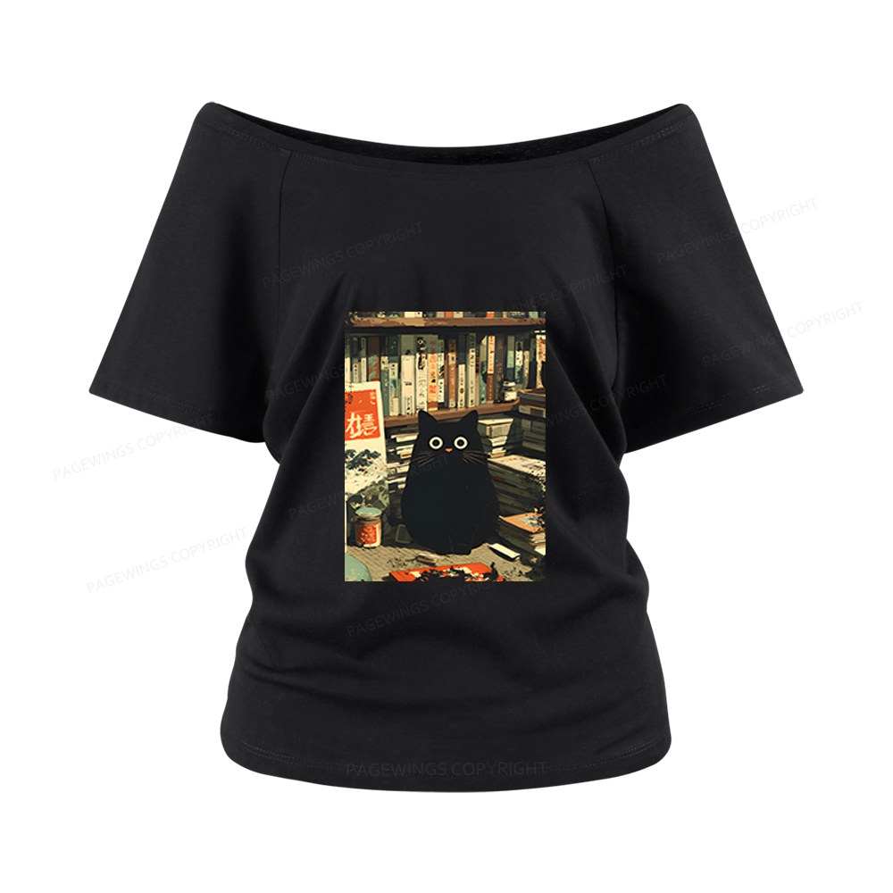 Pagewings Vintage Cat Book Lovers Women Off Shoulder T-shirts