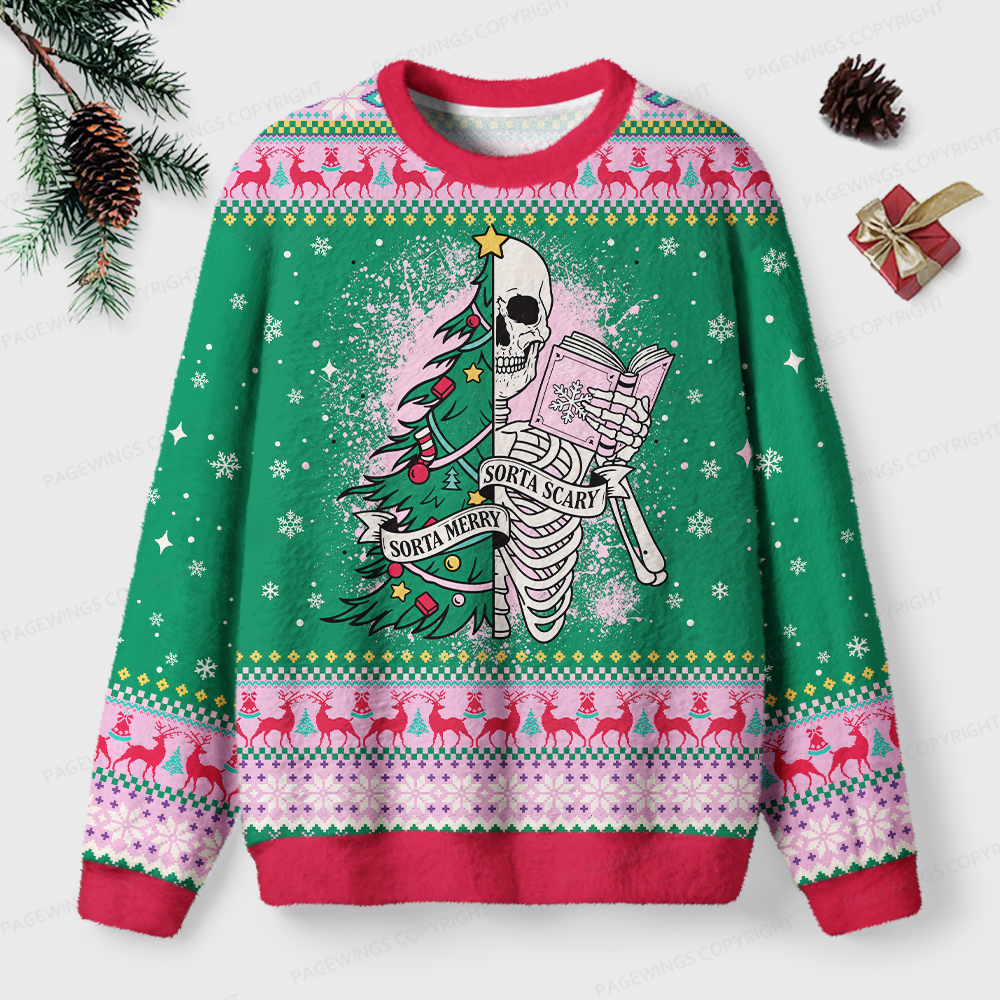 Pagewings Christmas Skeleton Reading Unisex Ugly Light Knit Sweatshirt