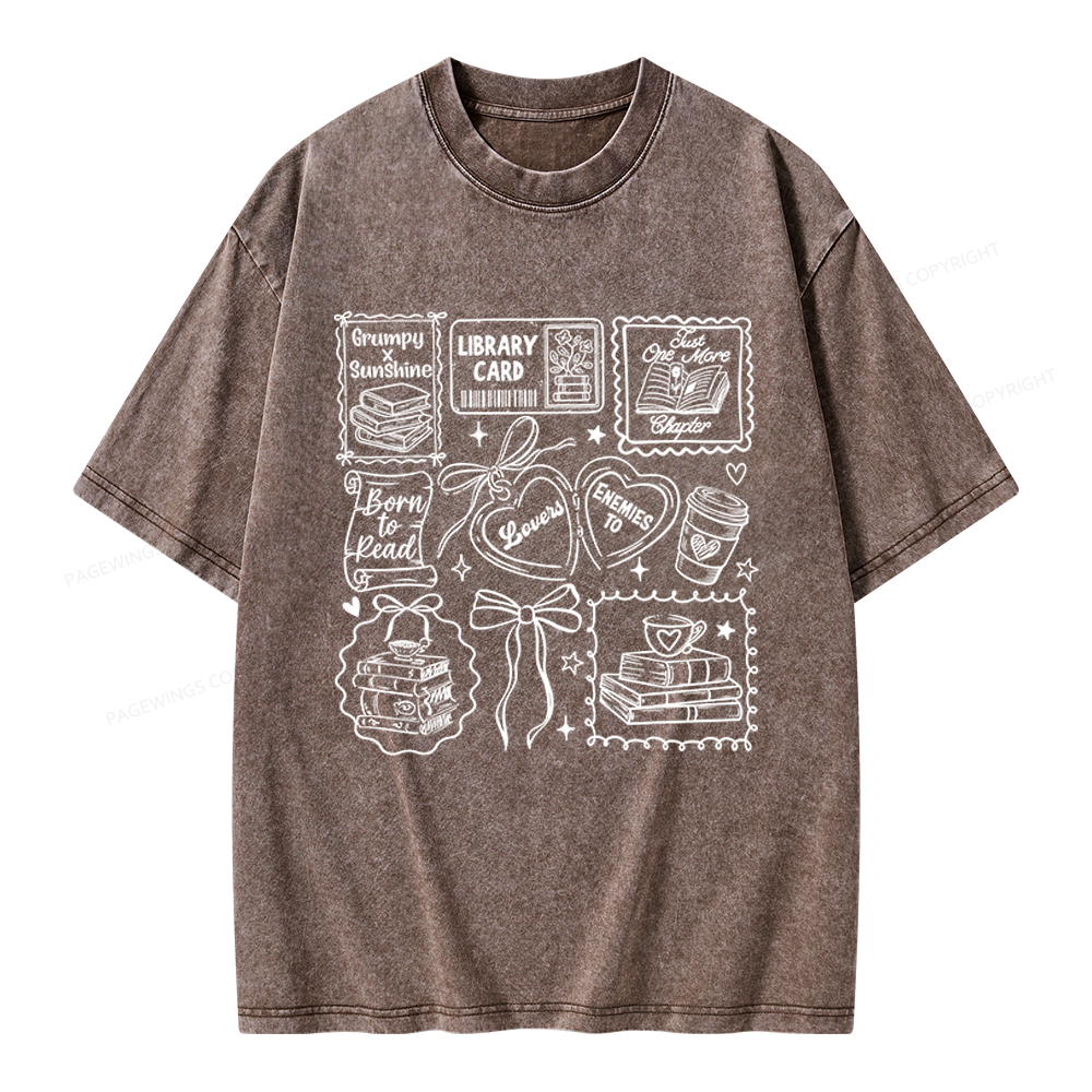 Pagewings Retro Book And Coffee Unisex Washed T-shirt