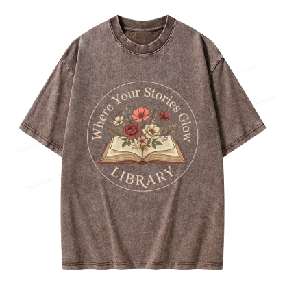 Pagewings Where Your Stories Glow Library Unisex Washed T-shirt