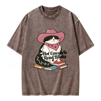 Pagewings Hot Cowgirls Read Books Unisex Washed T-shirt