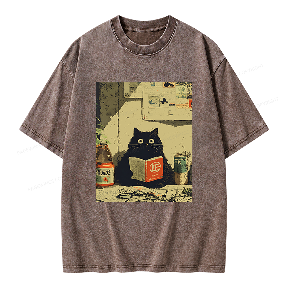 Pagewings Vintage Cat Book Unisex Washed T-shirt