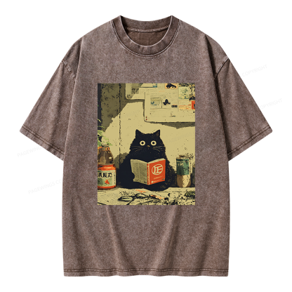 Pagewings Vintage Cat Book Unisex Washed T-shirt
