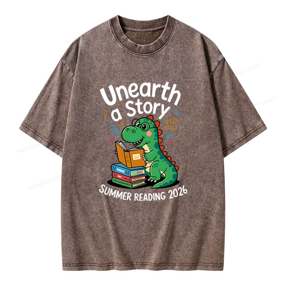 Pagewings Unearth a Story Dinosaur Summer Reading 2026 Unisex Washed T-shirt
