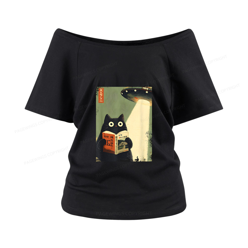 Pagewings Vintage Japanese Cat Book Lovers Women Off Shoulder T-shirts