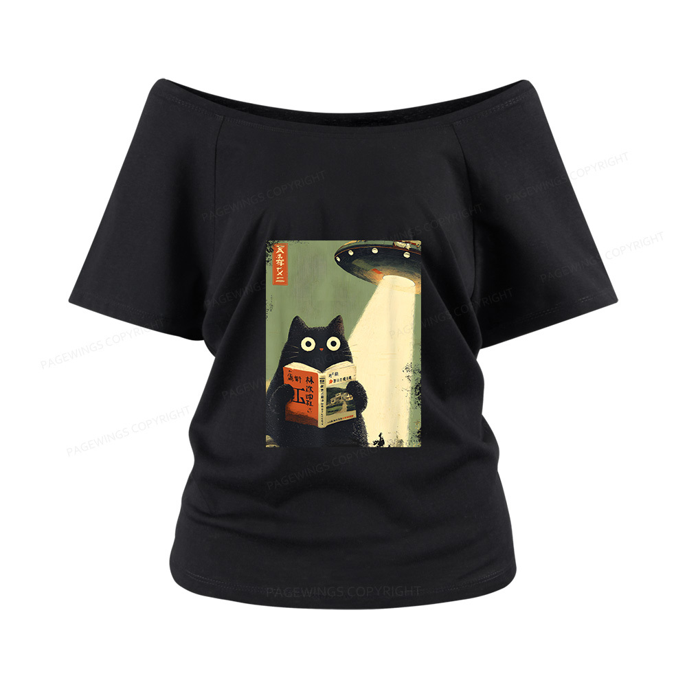 Pagewings Vintage Japanese Cat Book Lovers Women Off Shoulder T-shirts