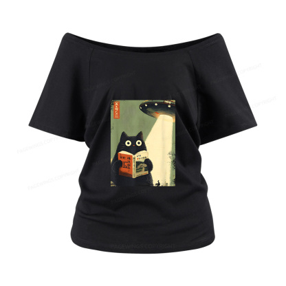 Pagewings Vintage Japanese Cat Book Lovers Women Off Shoulder T-shirts