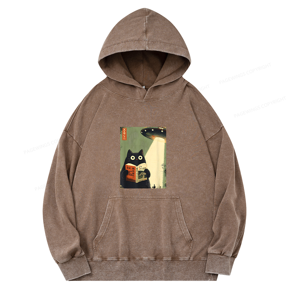 Pagewings Vintage Japanese Cat Book Lovers Unisex Washed Hoodie