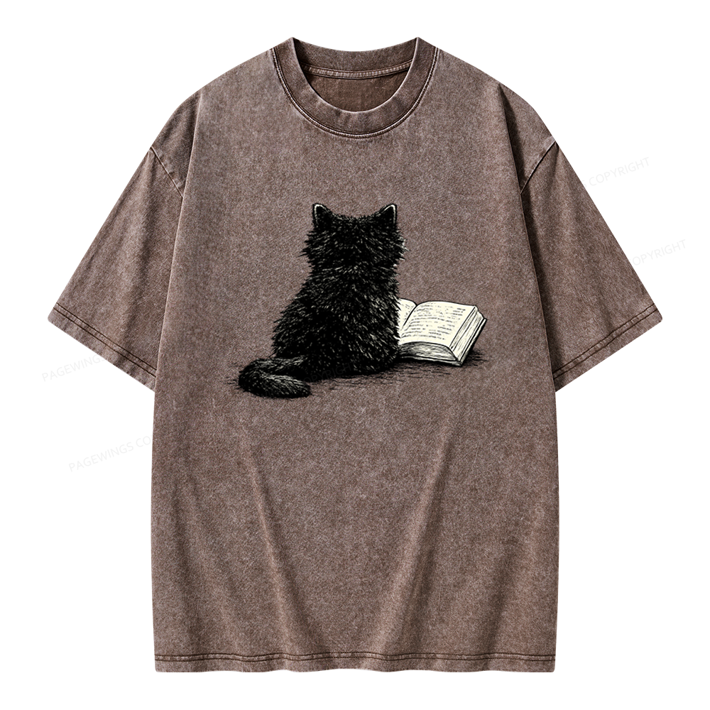 Pagewings Reading Cat Book Lover Unisex Washed T-shirt