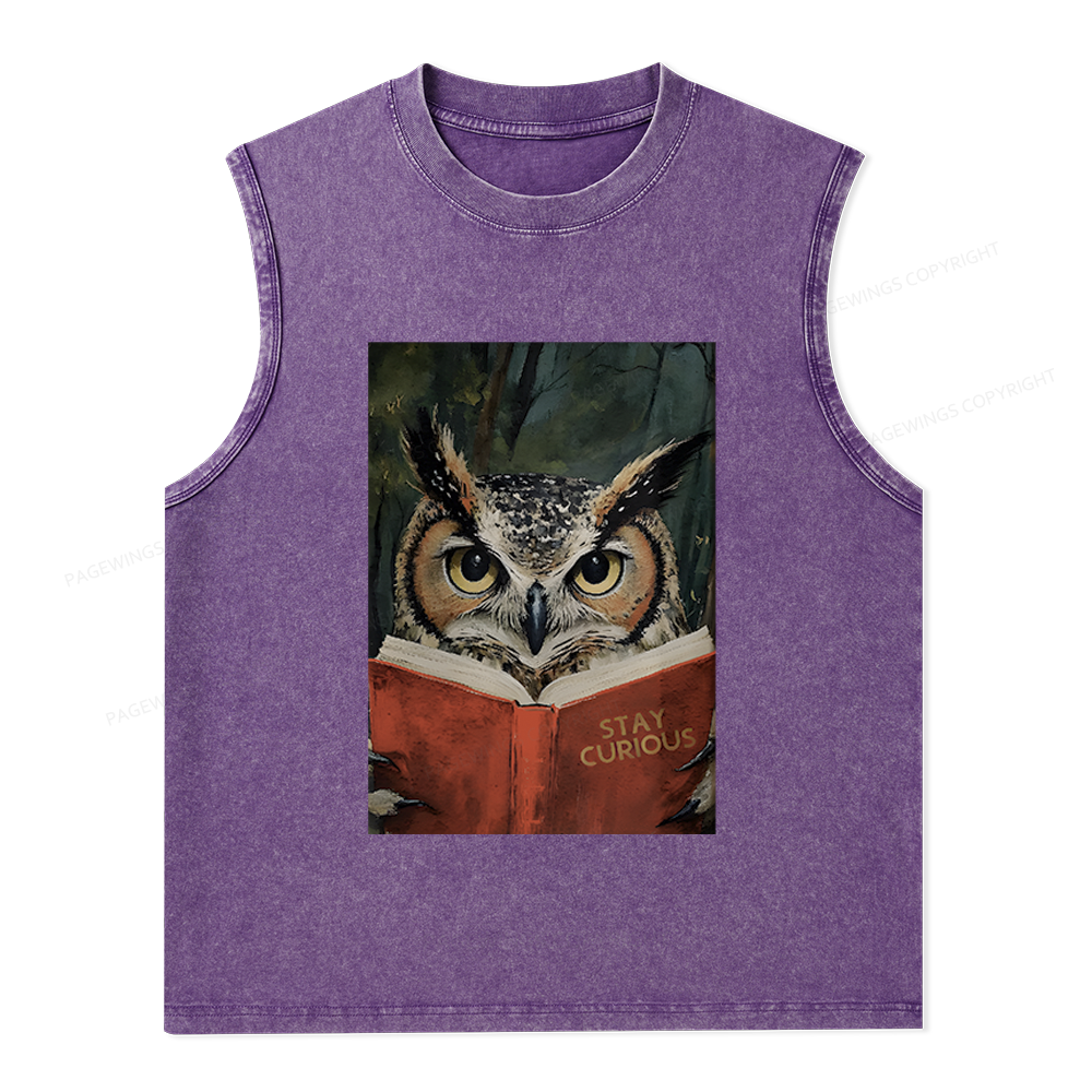 Pagewings Owl Reading Unisex Washed Tank Top