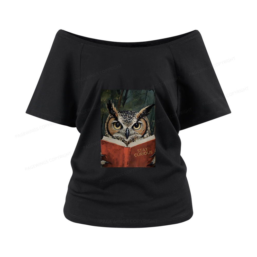 Pagewings Owl Reading Women Off Shoulder T-shirts