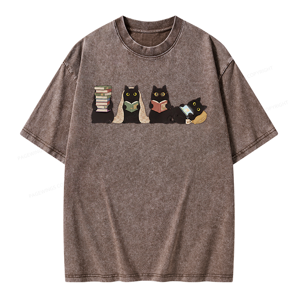 Pagewings Black Cats Reading Unisex Washed T-shirt
