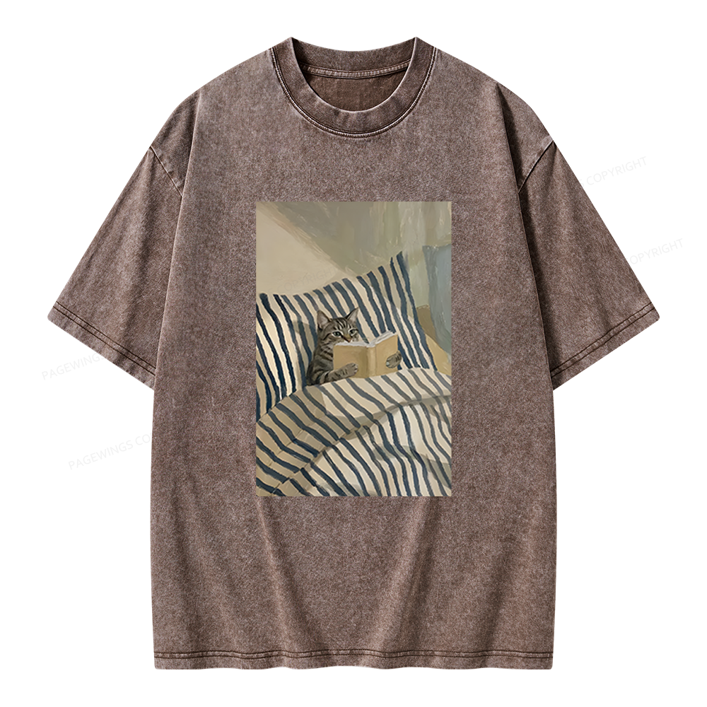 Pagewings Cat Reading Book In Bed Unisex Washed T-shirt