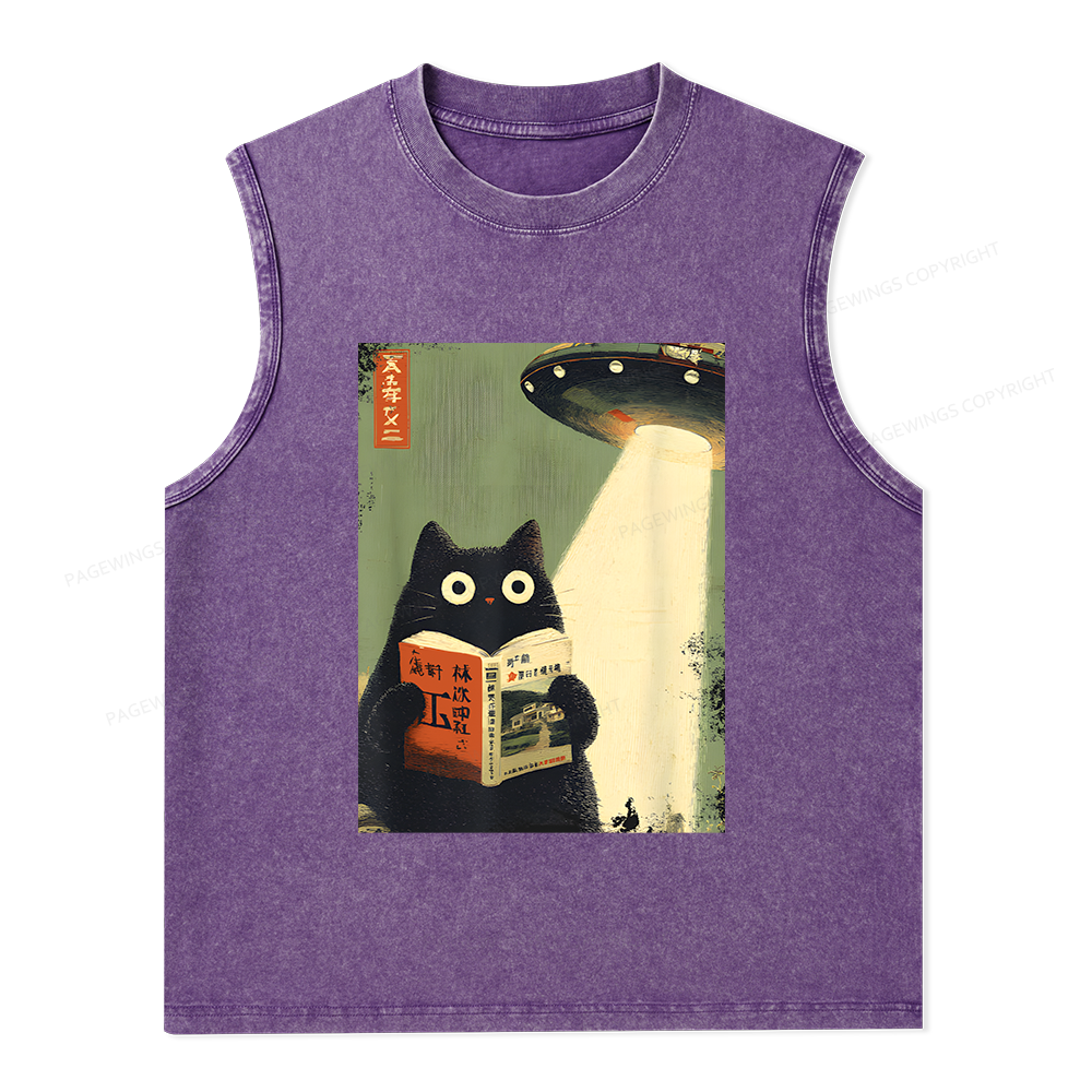 Pagewings Vintage Cat Book Lovers Unisex Washed Tank Top