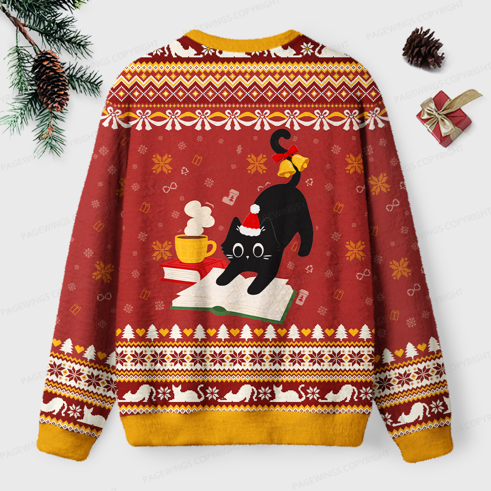 Pagewings Christmas Reading Cat Unisex Ugly Light Knit Sweatshirt