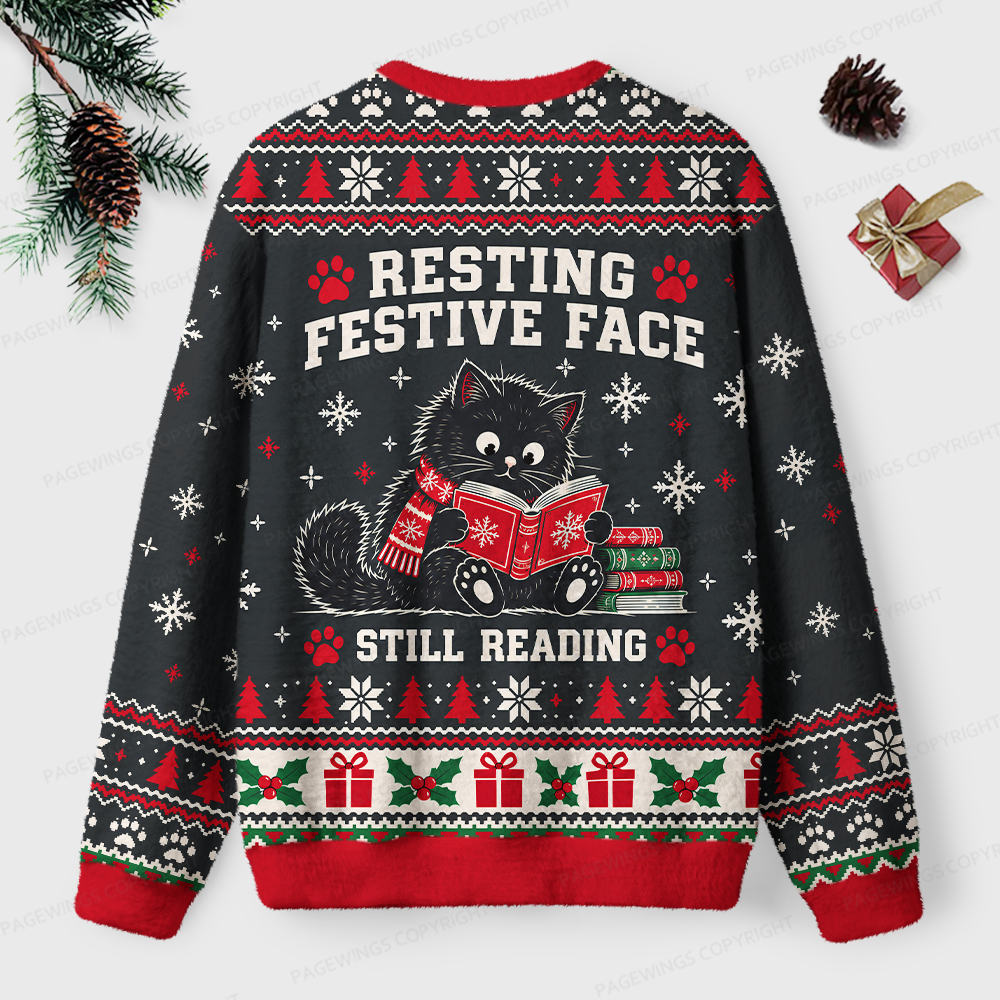 Pagewings Resting Festive Face Still Reading Unisex Ugly Light Knit Sweatshirt