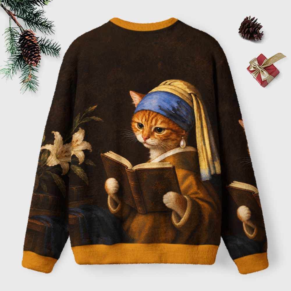 Pagewings Cat with a Pearl Earring Unisex Ugly Light Knit Sweatshirt