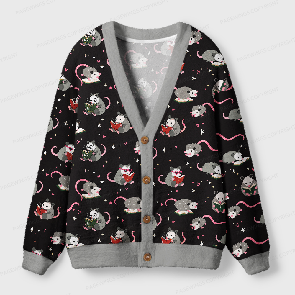 Pagewings Reading Opossum Light Knit Unisex Cardigan Sweaters