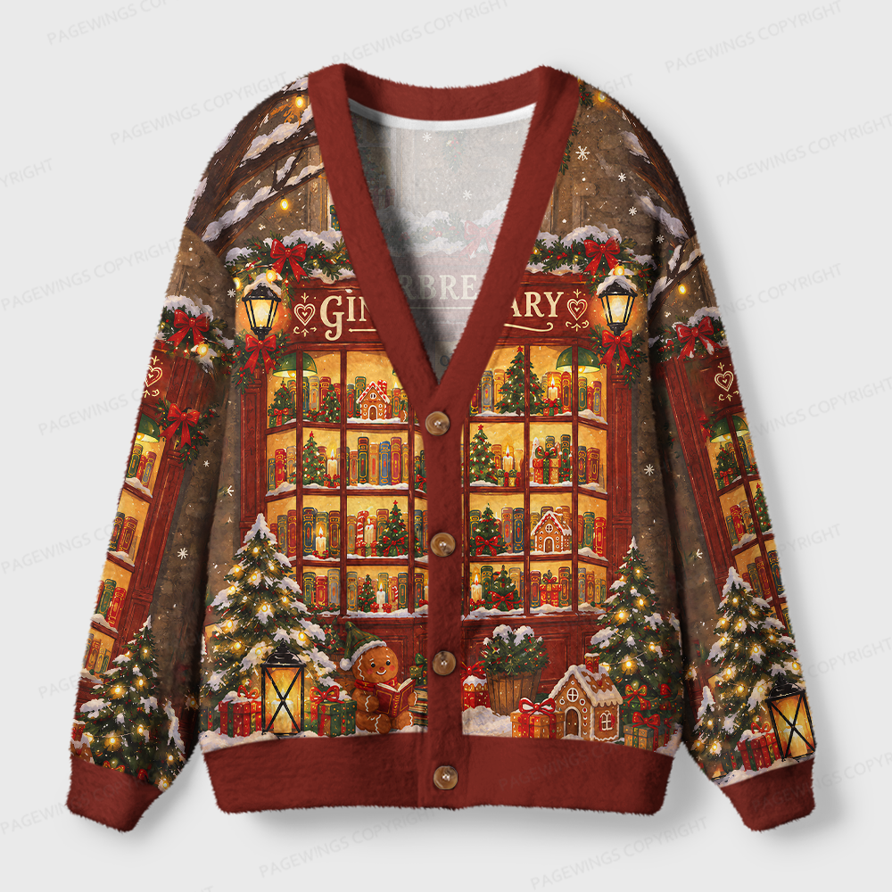 Pagewings Gingerbread Library Light Knit Unisex Cardigan Sweaters