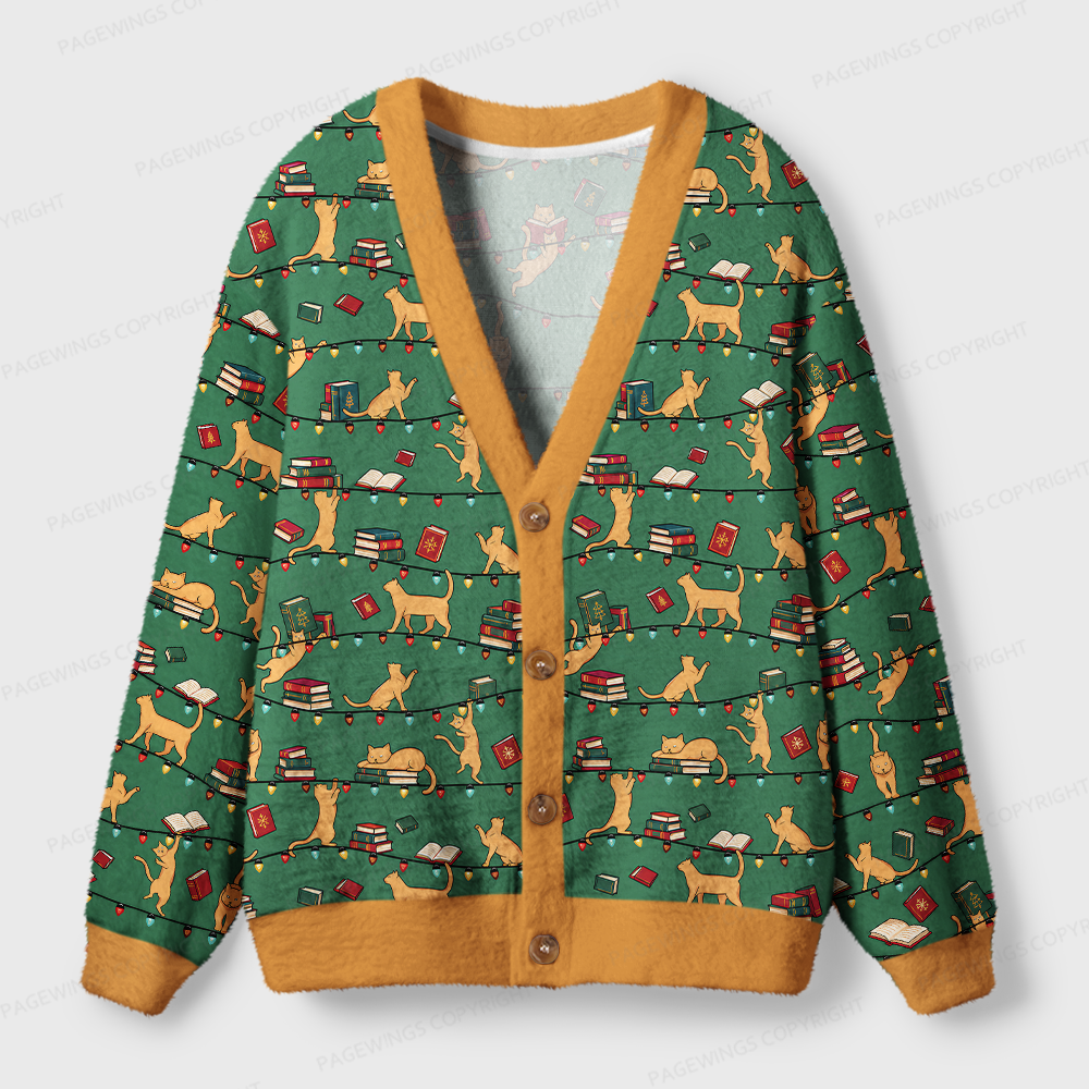 Pagewings Christmas Cat Book Lover Light Knit Unisex Cardigan Sweaters