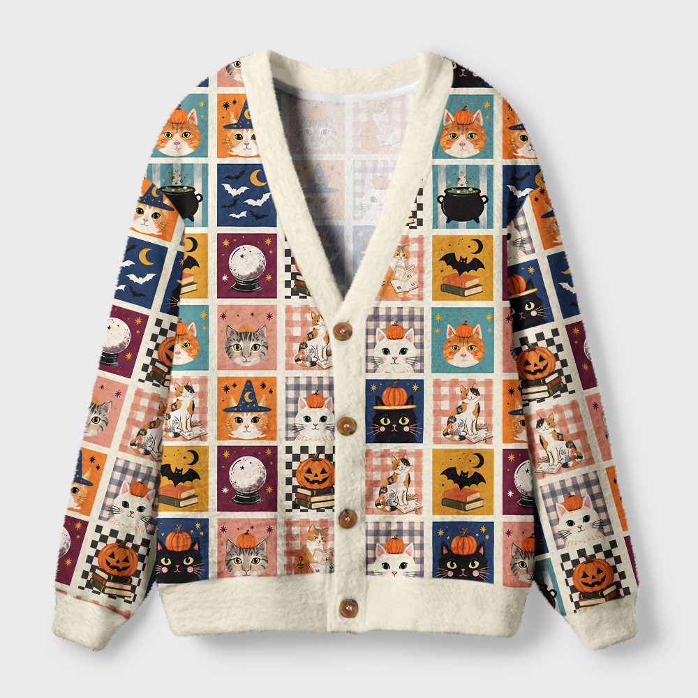 Pagewings Halloween cat reading Light Knit Unisex Cardigan Sweaters