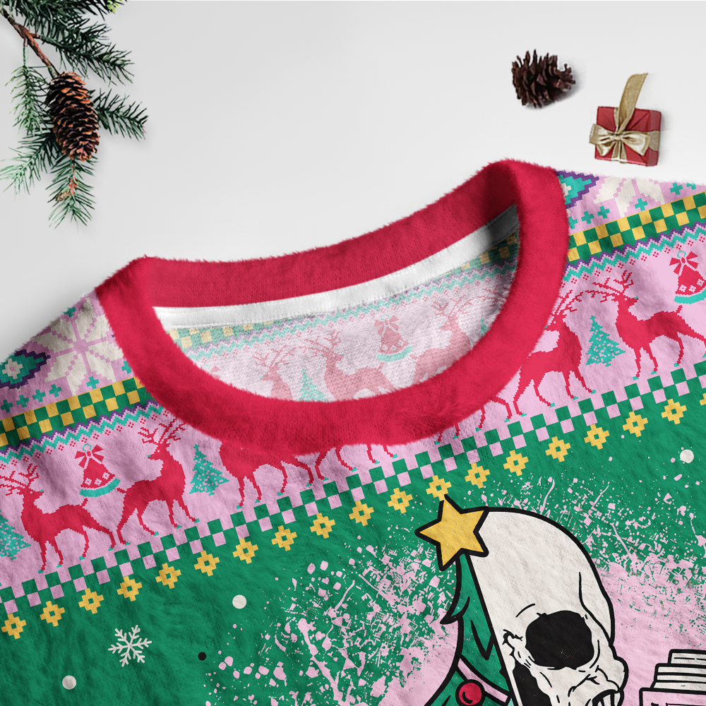 Pagewings Christmas Skeleton Reading Unisex Ugly Light Knit Sweatshirt