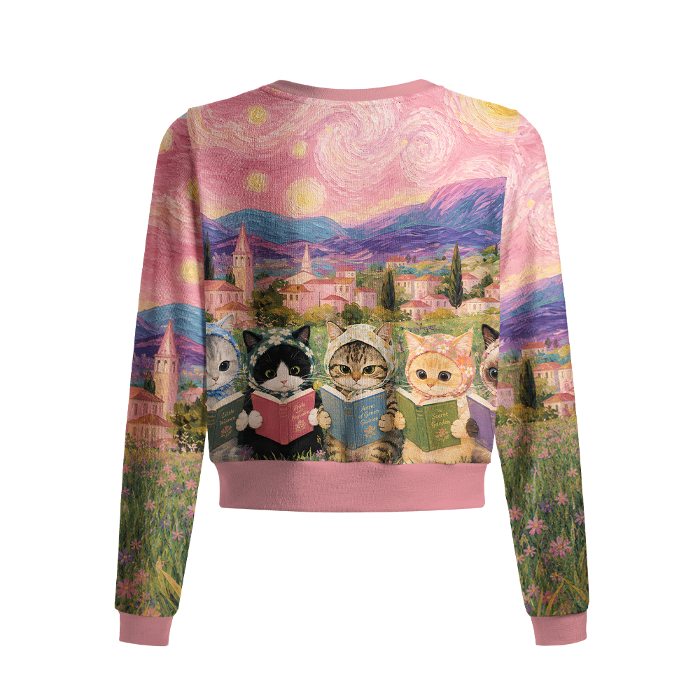 Pagewings Reading Cat Crew Neck Cardigan Sweaters