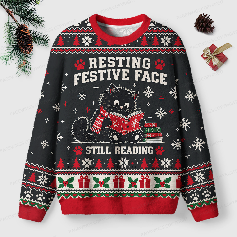 Pagewings Resting Festive Face Still Reading Unisex Ugly Light Knit Sweatshirt