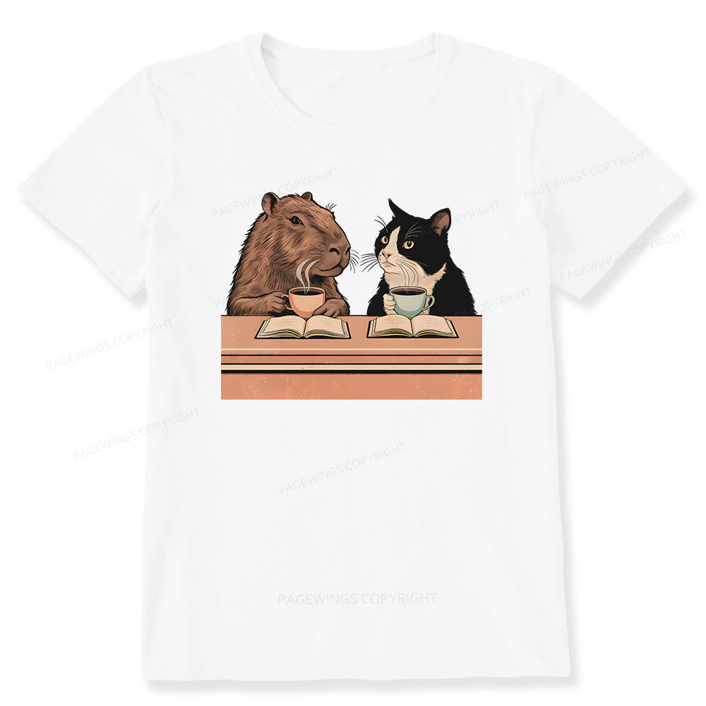 Pagewings Capybara and Tuxedo Cat Chilling with Coffee Unisex Classic T-shirt