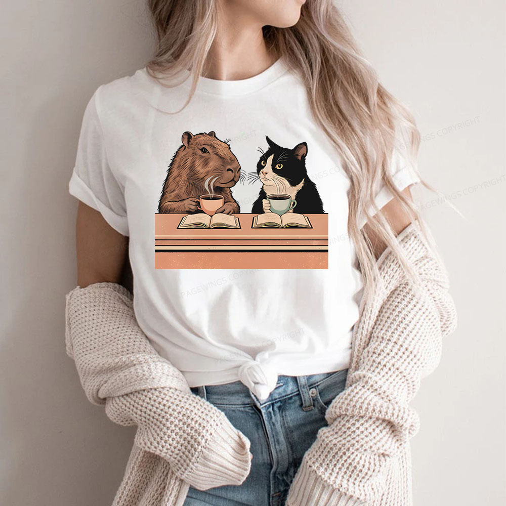 Pagewings Capybara and Tuxedo Cat Chilling with Coffee Unisex Classic T-shirt