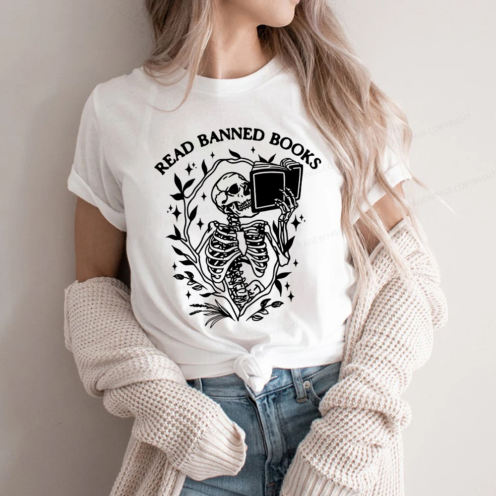 Pagewings Read Banned Books Skeleton Halloween Goth Protest T-Shirt Unisex Classic T-shirt