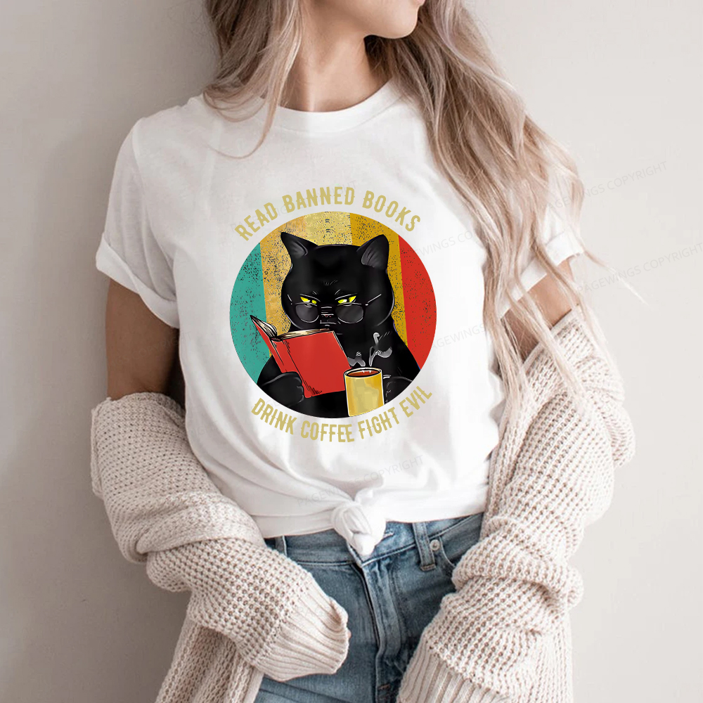 Pagewings Read Banned Books Drink Coffee Fight Evil Retro Cat Lovers T-Shirt Unisex Classic T-shirt
