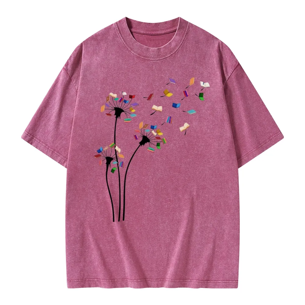 Pagewings Cute Dandelion Books Flower Fly Unisex Washed T-shirt