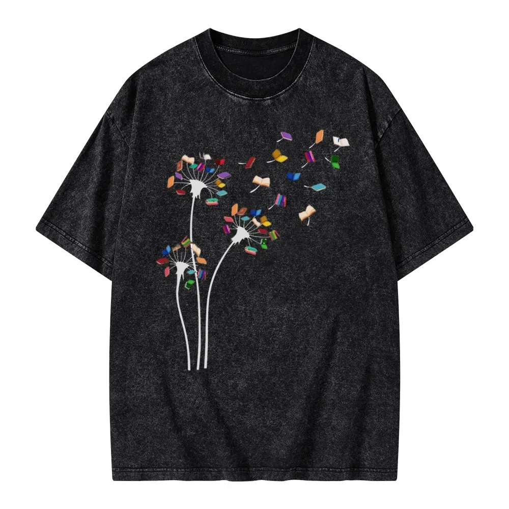 Pagewings Cute Dandelion Books Flower Fly Unisex Washed T-shirt