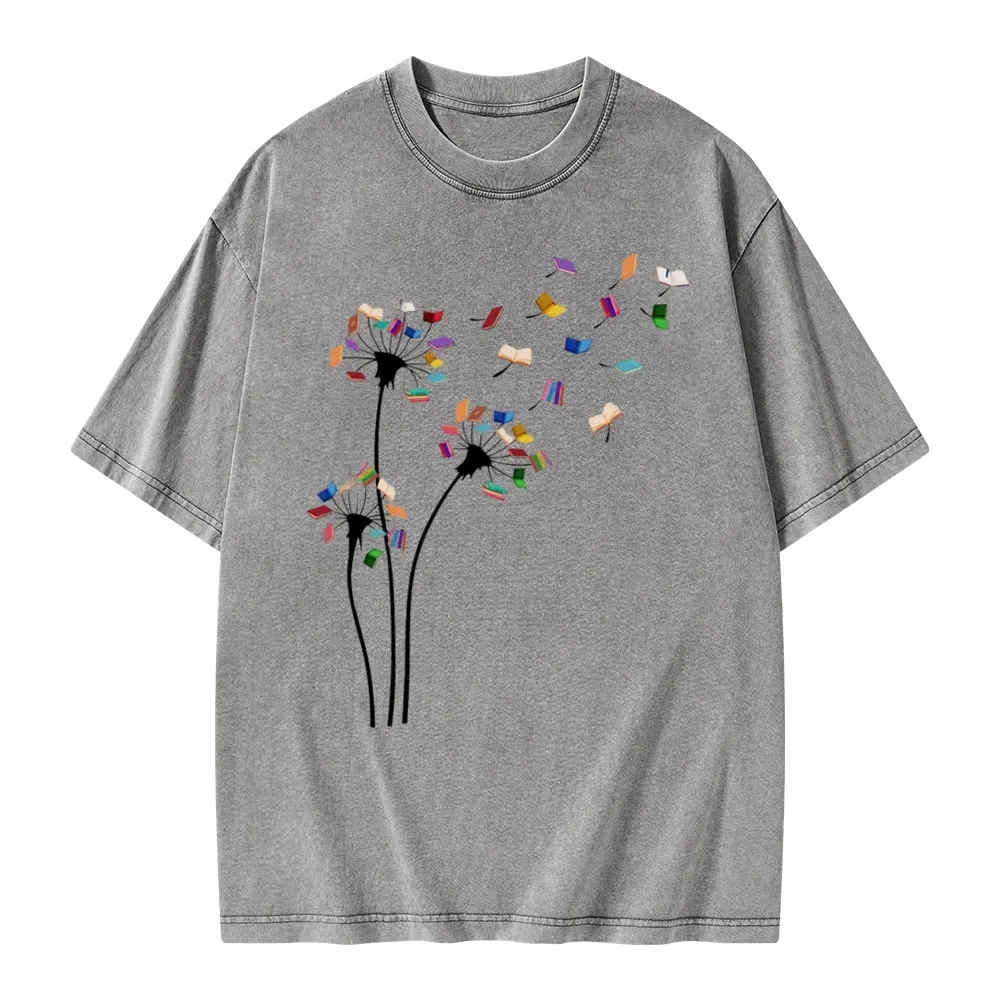 Pagewings Cute Dandelion Books Flower Fly Unisex Washed T-shirt