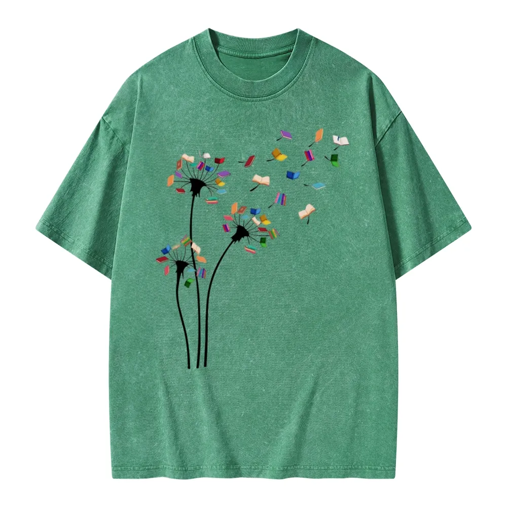 Pagewings Cute Dandelion Books Flower Fly Unisex Washed T-shirt