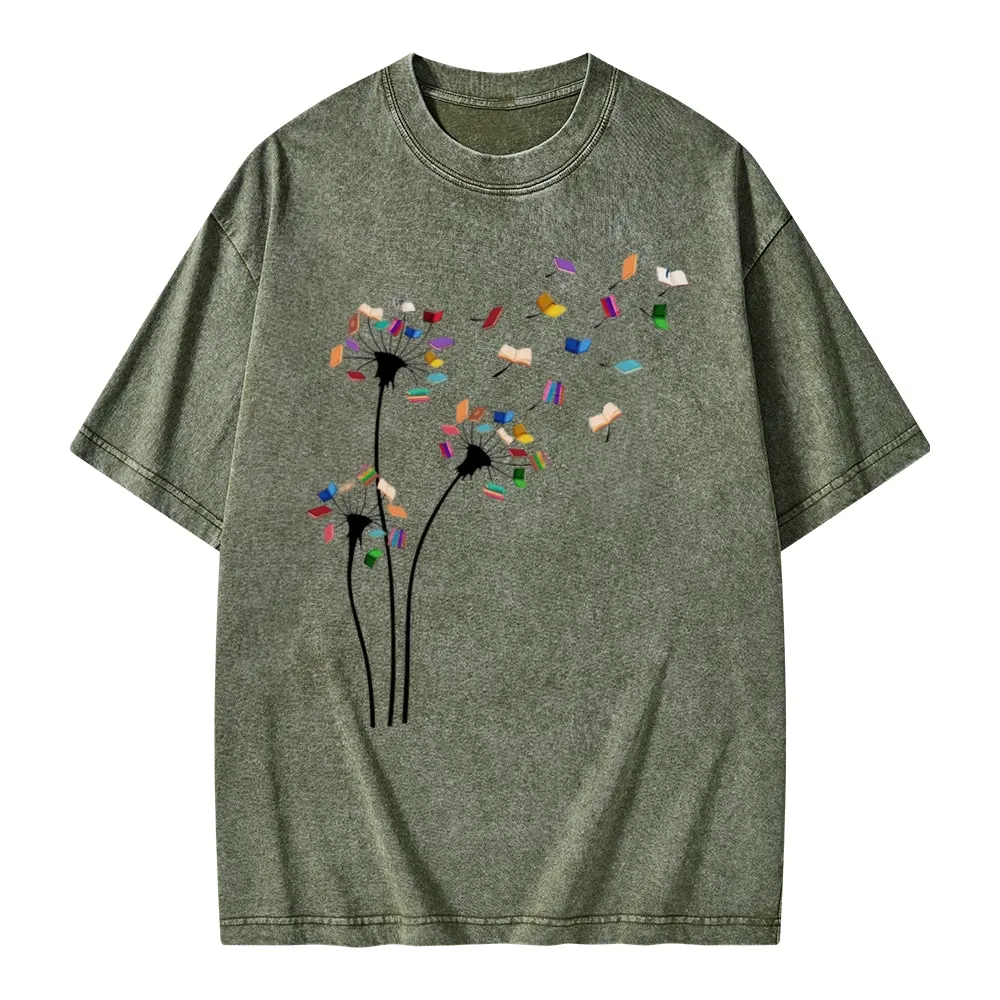 Pagewings Cute Dandelion Books Flower Fly Unisex Washed T-shirt