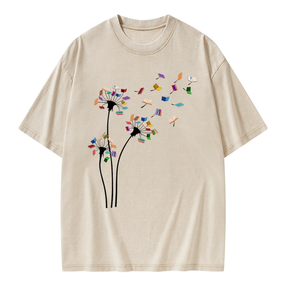 Pagewings Cute Dandelion Books Flower Fly Unisex Washed T-shirt