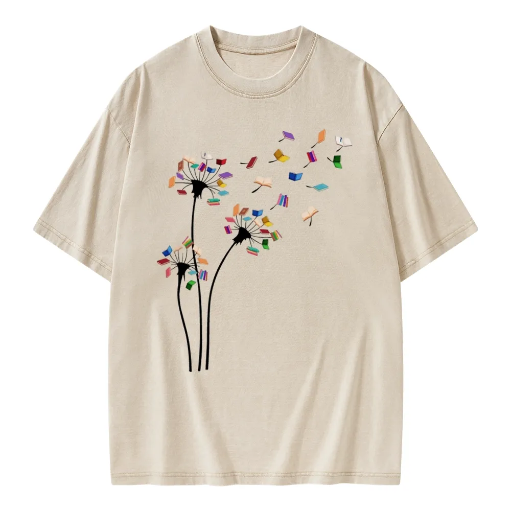 Pagewings Cute Dandelion Books Flower Fly Unisex Washed T-shirt