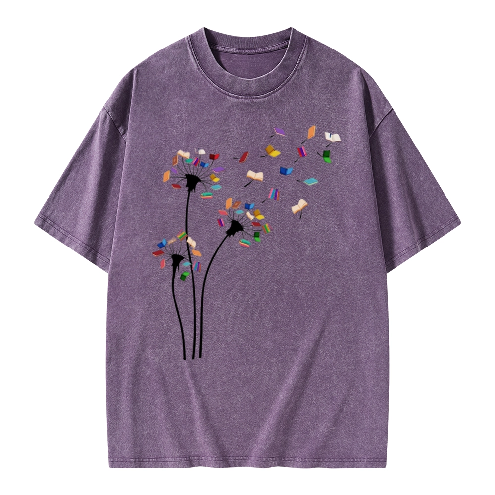Pagewings Cute Dandelion Books Flower Fly Unisex Washed T-shirt