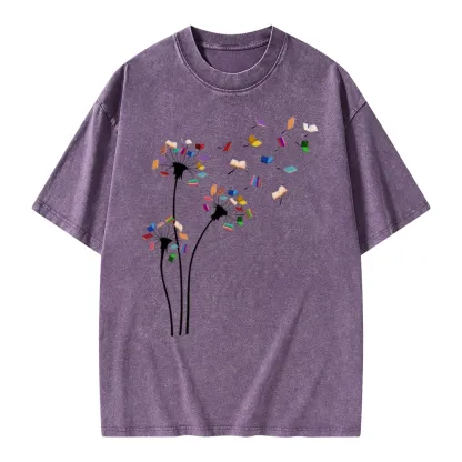 Pagewings Cute Dandelion Books Flower Fly Unisex Washed T-shirt