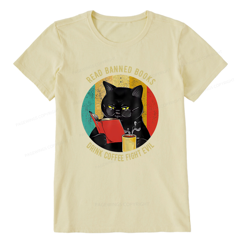 Pagewings Read Banned Books Drink Coffee Fight Evil Retro Cat Lovers T-Shirt Unisex Classic T-shirt