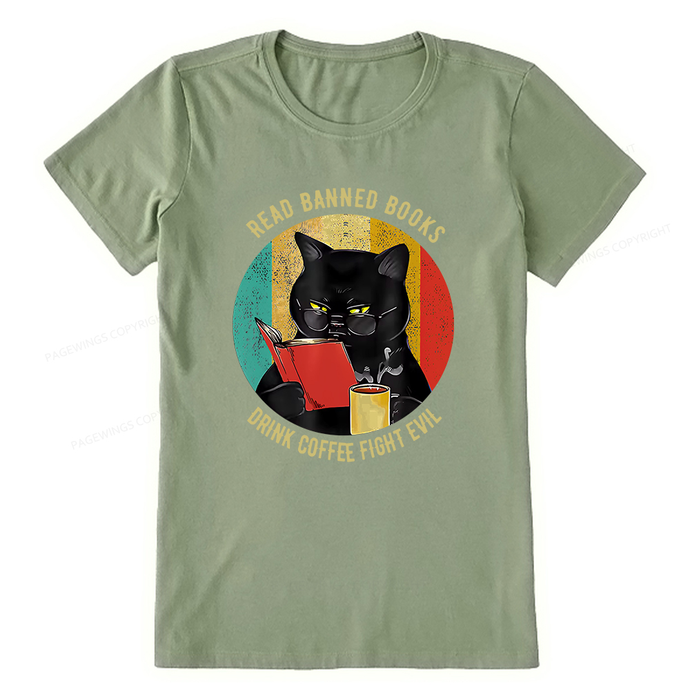 Pagewings Read Banned Books Drink Coffee Fight Evil Retro Cat Lovers T-Shirt Unisex Classic T-shirt