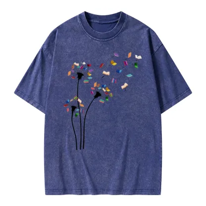 Pagewings Cute Dandelion Books Flower Fly Unisex Washed T-shirt
